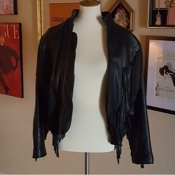 Black Leather Fringe Motorcycle Biker Vintage Jacket‎ with Silver Hardware - Picture 6 of 12